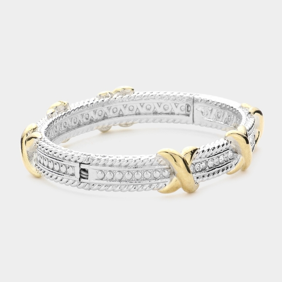 Two Tone Stone Pave Criss Cross Cuff Bracelet Bangle Jewelry Silver Gold - Picture 2 of 2